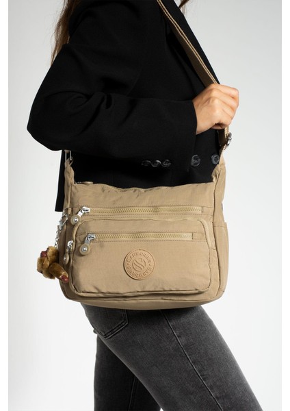 Kadın Çok Gözlü Suya Dayanaklı Paraşüt Kumaş Ayarlanabilir Çapraz Askılı Omuz Çantası Kum