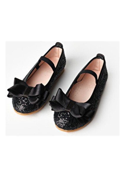 Siyah Simli Fiyonklu Kız Çocuk Ayakkabı Düz Tabanlı Şık Tasarım indirimleri