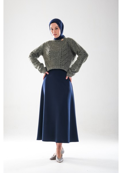 2279_YÜKSEK Bel Tesettür Scuba Kumaş Puf Etek – Gizli Fermuar Kapamalı, Kloş– Günlük ve Şık Kombin
