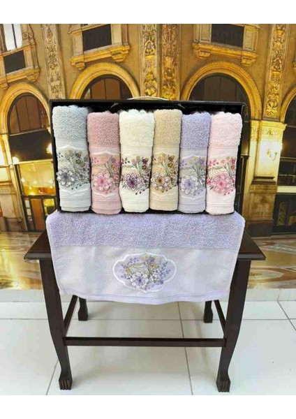 %100 Pamuklu Jakarlı 3D Nakışlı 6 Renk Çeyizlik Lüx El ve Yüz Havlusu Kutulu Set