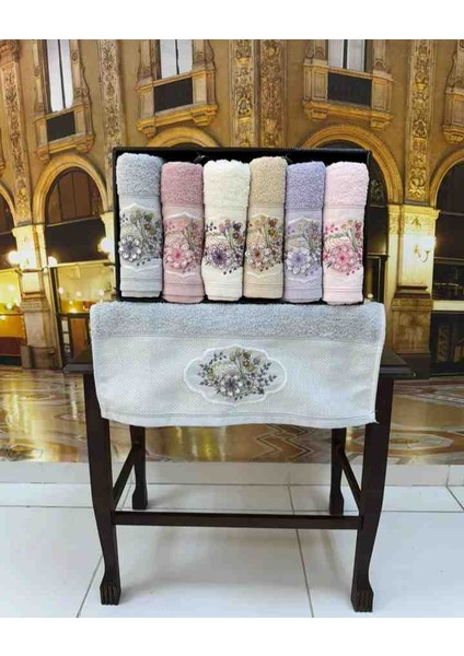 %100 Pamuklu Jakarlı 3D Nakışlı 6 Renk Çeyizlik Lüx El ve Yüz Havlusu Kutulu Set modelleri