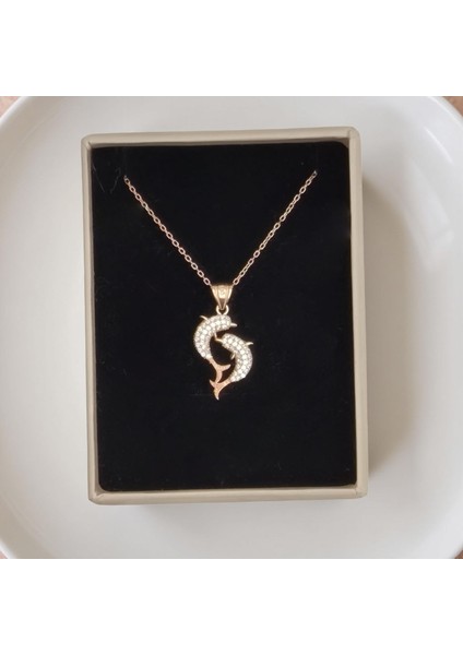 925 Ayar Gold Kaplama Çift Yunus Balığı Gümüş Kolye – Zirkon Taşlı, 45 cm Zincir fiyatları