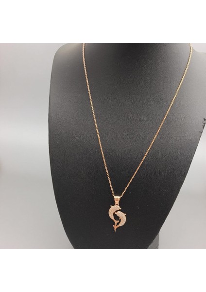 925 Ayar Gold Kaplama Çift Yunus Balığı Gümüş Kolye – Zirkon Taşlı, 45 cm Zincir fırsatları