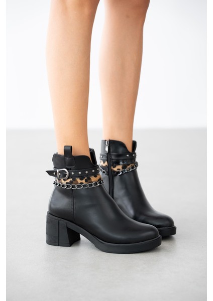 Shoy Leopar Zincir Aksesuarlı Kadın Bot-Siyah fiyatları