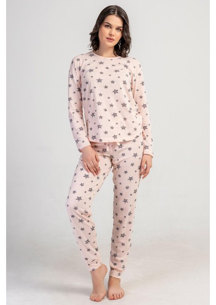 Kadın Pembe Uzun Kollu Bisiklet Yaka Yıldız Desenli Pijama Takımı C9T5N3305