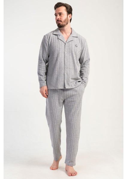 Erkek Gri Renk Önden Düğmeli Uzun Kollu Gömlek Yaka Jakarlı Pijama Takımı C7T0N0105