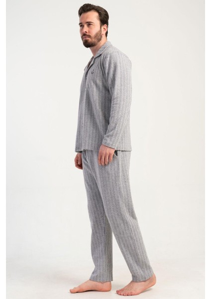 Erkek Gri Renk Önden Düğmeli Uzun Kollu Gömlek Yaka Jakarlı Pijama Takımı C7T0N0105 modelleri