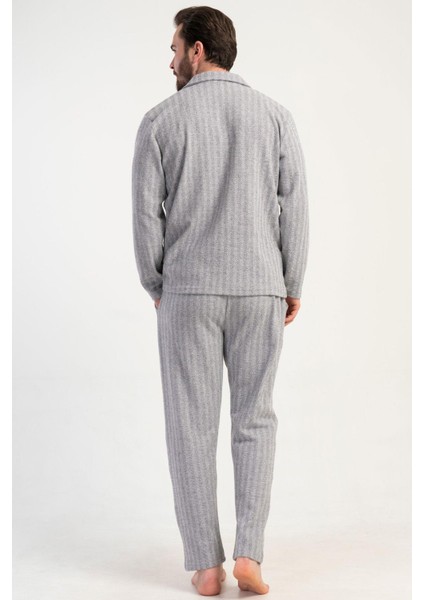 Erkek Gri Renk Önden Düğmeli Uzun Kollu Gömlek Yaka Jakarlı Pijama Takımı C7T0N0105 fırsatları