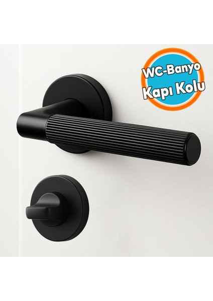 Wc Banyo Tipi Kapı Kolu Rozetli Çizgili Mat Siyah Sağ Sol Uygun Modern Iç Kapı Kilitli 1 Takım