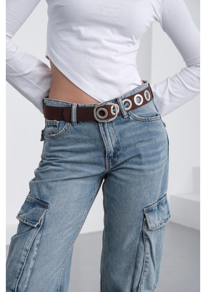 Süet Metal Delikli Kemer Kahve