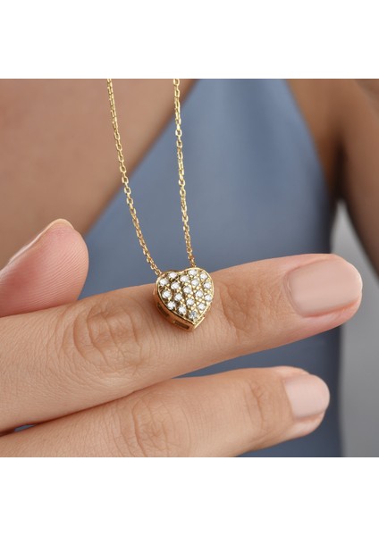 14 Ayar Mikron Altın Kaplama Taşlı Kalp Gümüş Kolye - CNS00665