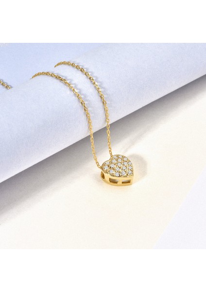 14 Ayar Mikron Altın Kaplama Taşlı Kalp Gümüş Kolye - CNS00665 fiyatları