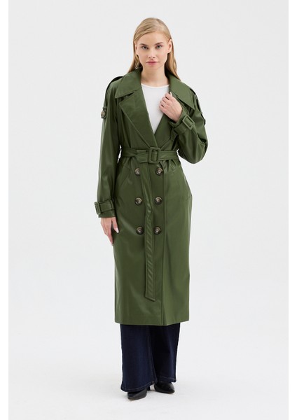 Kadın Kruvaze Kapama Cep ve Apolet Detaylı Deri Trençkot