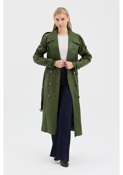 Kadın Kruvaze Kapama Cep ve Apolet Detaylı Deri Trençkot modelleri
