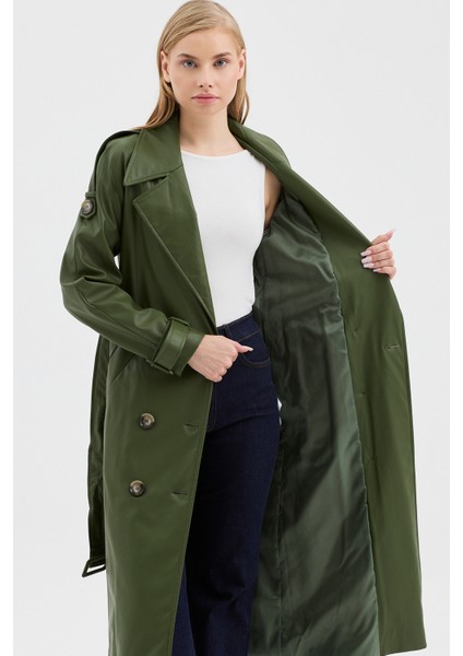 Kadın Kruvaze Kapama Cep ve Apolet Detaylı Deri Trençkot fırsatları