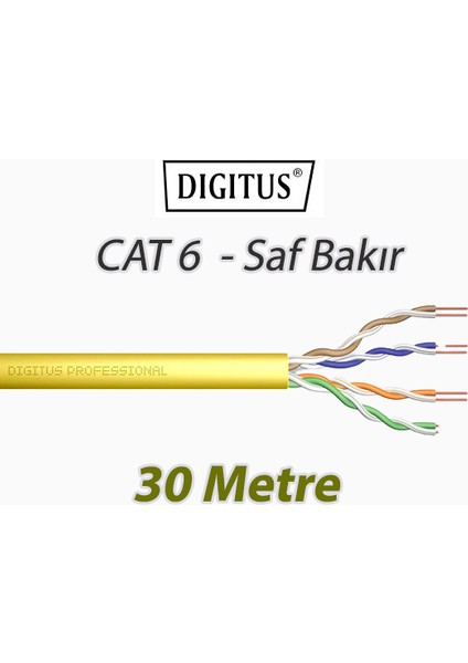 Cat6 30 Metre Saf Bakır U-Utp Data Kablosu Lszh (Low Smoke Zero Halogen) Sarı