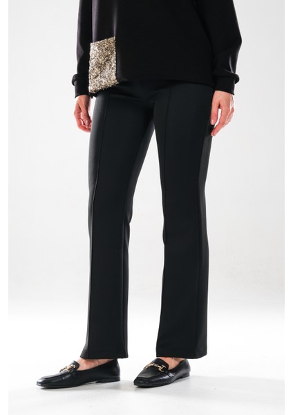 2292_KADIN Scuba Kumaş Flare Pantolon - Yüksek Bel, Nervür Detaylı, - Gizli Fermuarlı Şık Pantolon