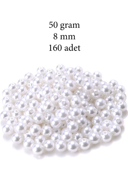 50 Gram 8mm Beyaz Renk Plastik Inci Boncuk Çanta ve Takı Yapım Boncuğu (~160 Adet)