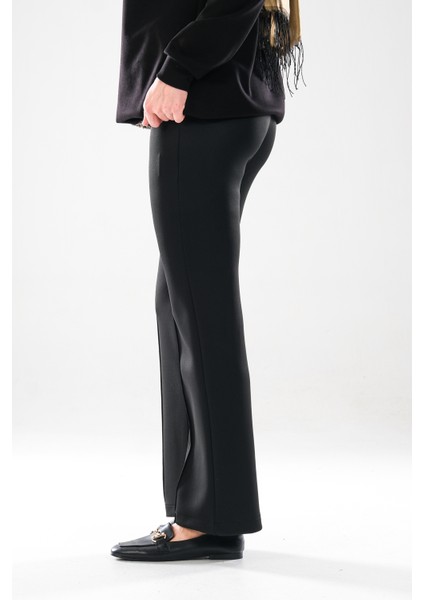 2292_KADIN Scuba Kumaş Flare Pantolon - Yüksek Bel, Nervür Detaylı, - Gizli Fermuarlı Şık Pantolon modelleri