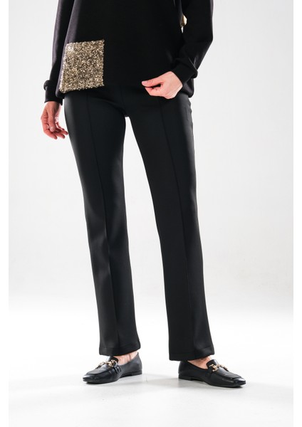 2292_KADIN Scuba Kumaş Flare Pantolon - Yüksek Bel, Nervür Detaylı, - Gizli Fermuarlı Şık Pantolon fırsatları