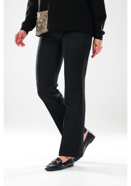 2292_KADIN Scuba Kumaş Flare Pantolon - Yüksek Bel, Nervür Detaylı, - Gizli Fermuarlı Şık Pantolon indirimleri