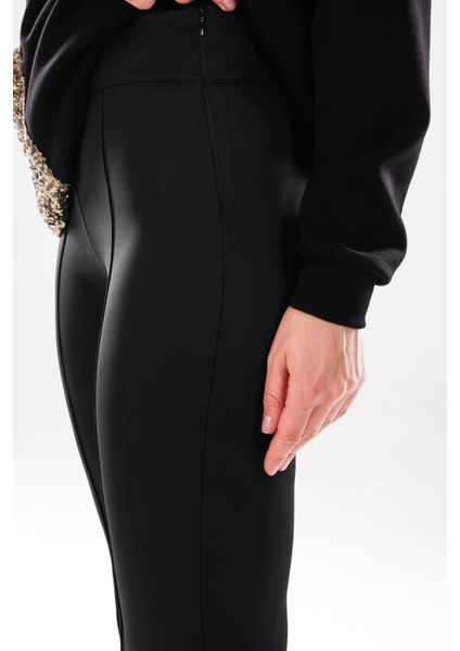 2292_KADIN Scuba Kumaş Flare Pantolon - Yüksek Bel, Nervür Detaylı, - Gizli Fermuarlı Şık Pantolon