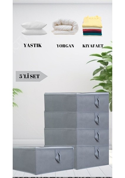 5'li Set Antrasit Çekyat & Baza Tipi Yastık Yorgan Saklama Hurcu-Baza Altı Düzenleyici 65X45X22 cm