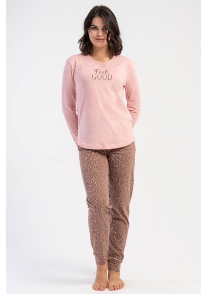 Kadın Pembe Uzun Kollu Bisiklet Yaka Puantiyeli Alt Pijama Takımı C6T5N3305