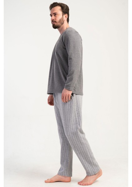 Erkek Füme Renk Uzun Kollu Bisiklet Yaka Jakarlı Pijama Takımı C1T0N0105 modelleri
