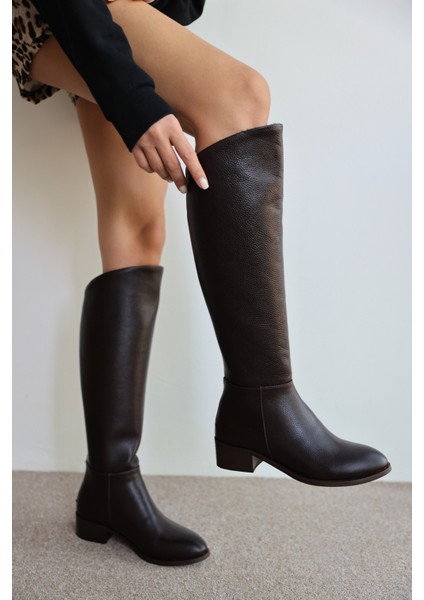Talisman Gerçek Deri Kısa Topuk Fermuar Detaylı Uzun Kadın Çizme- Kahverengi modelleri