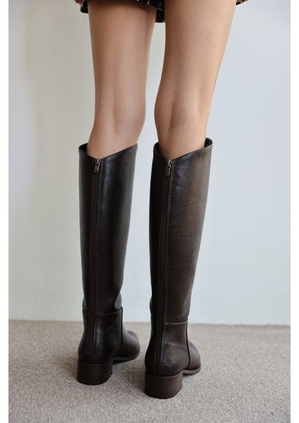 Talisman Gerçek Deri Kısa Topuk Fermuar Detaylı Uzun Kadın Çizme- Kahverengi fırsatları