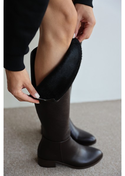 Talisman Gerçek Deri Kısa Topuk Fermuar Detaylı Uzun Kadın Çizme- Kahverengi indirimleri