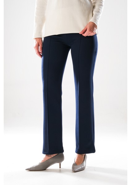 2292_KADIN Scuba Kumaş Flare Pantolon - Yüksek Bel, Nervür Detaylı, - Gizli Fermuarlı Şık Pantolon
