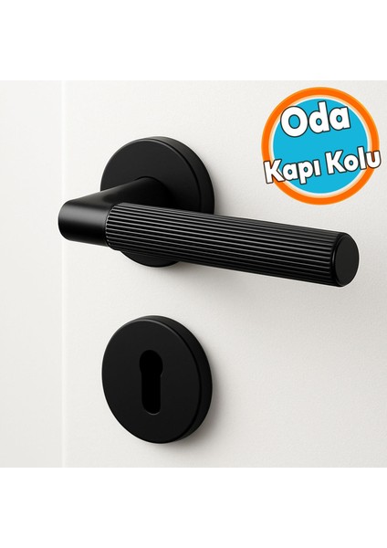 Oda Tipi Kapı Kolu Rozetli Sağ Sol Uygun Modern Iç Kapı Kilitli 1 Takım Çizgili Mat Siyah
