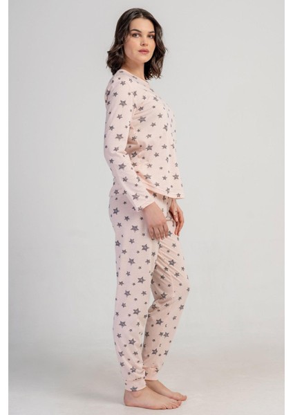 Kadın Pembe Uzun Kollu Bisiklet Yaka Yıldız Desenli Pijama Takımı C9T5N3305 fiyatları