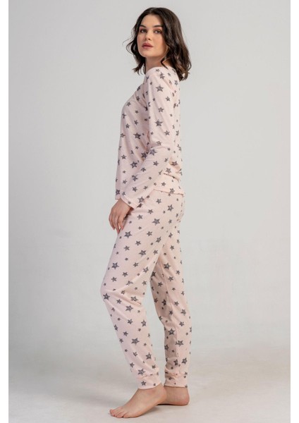 Kadın Pembe Uzun Kollu Bisiklet Yaka Yıldız Desenli Pijama Takımı C9T5N3305 modelleri