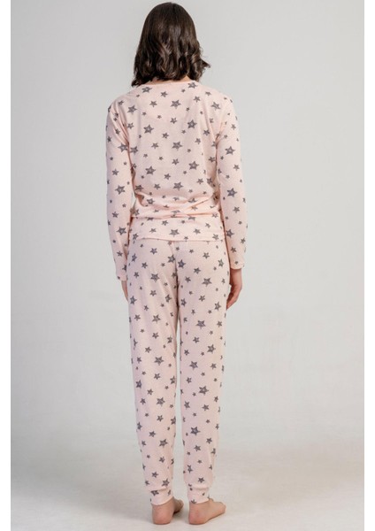 Kadın Pembe Uzun Kollu Bisiklet Yaka Yıldız Desenli Pijama Takımı C9T5N3305 fırsatları