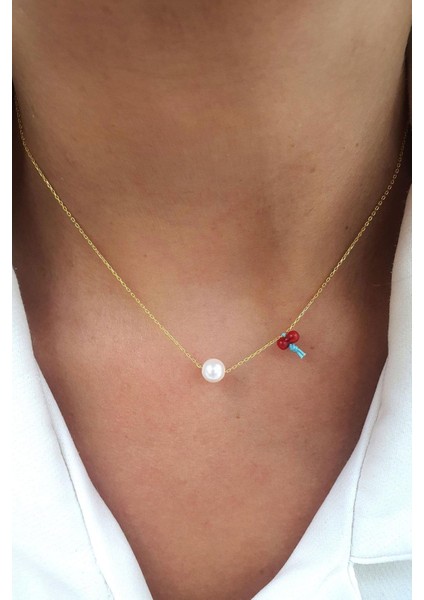 Mercan Taş Detaylı 925AYAR Gümüş Üzerine Altın Kaplama Minimal Inci Kolye