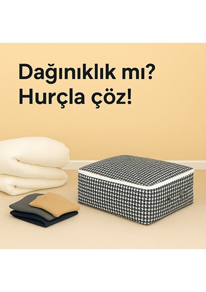 6'lı Set Kaz Ayağı Desenli Çekyat & Baza Tipi Yastık Yorgan Saklama Hurcu-Baza Altı Düz 65X45X22 cm