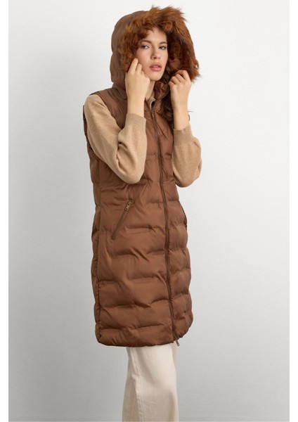 Çıkabilir Kapüşonlu Desenli Şişme Yelek Taba 8210 fiyatları