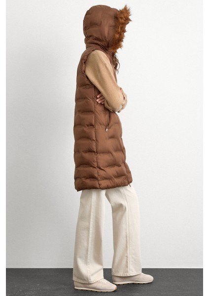 Çıkabilir Kapüşonlu Desenli Şişme Yelek Taba 8210 modelleri