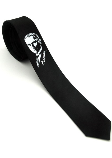 Çocuk Boy Atatürk ve Imza Baskılı Saten Siyah Kravat - Ck-29
