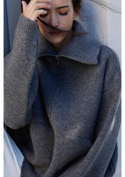 Füme Jodie Fermuarlı Triko Hırka