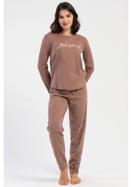 Kadın Büyük Beden Kahverengi Uzun Kollu Puantiyeli Alt Pijama Takımı C7T5N3305