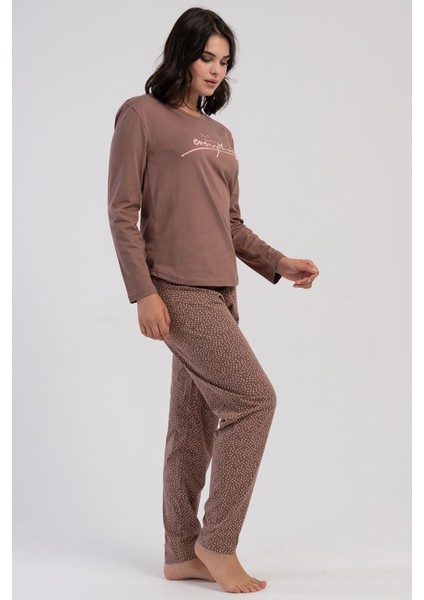 Kadın Büyük Beden Kahverengi Uzun Kollu Puantiyeli Alt Pijama Takımı C7T5N3305 fiyatları