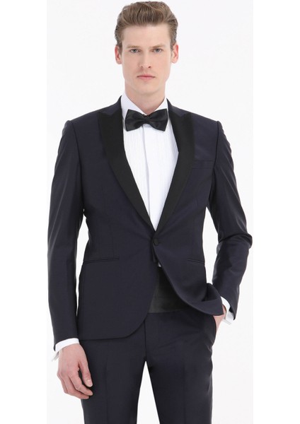 Lacivert Düz Fashion Slim Fit Kruvaze Yaka Dokuma Smokin Takım Elbise