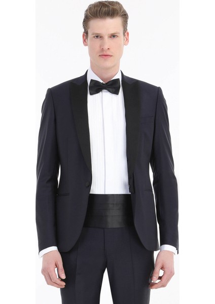 Lacivert Düz Fashion Slim Fit Kruvaze Yaka Dokuma Smokin Takım Elbise