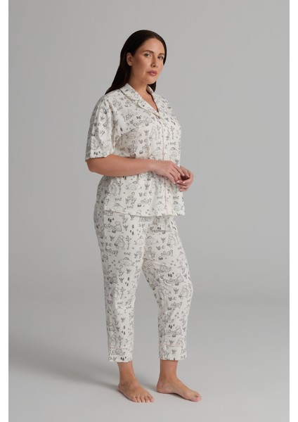Kadın Plus Size Pamuklu Kısa Kollu Gömlek Uzun Pijama Takımı