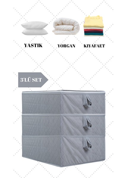 3'lü Set Çekyat & Baza Tipi Yastık Yorgan Saklama Hurcu-Baza Altı Düzenleyici Hurcu 65X45X22 cm