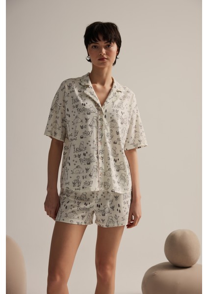 Kadın Pamuklu Kısa Kollu Gömlek Pijama Üstü
